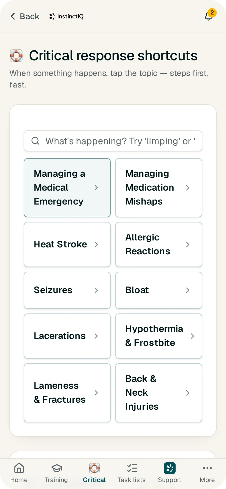EssentialsIQ Critical Response topic shortcuts on mobile