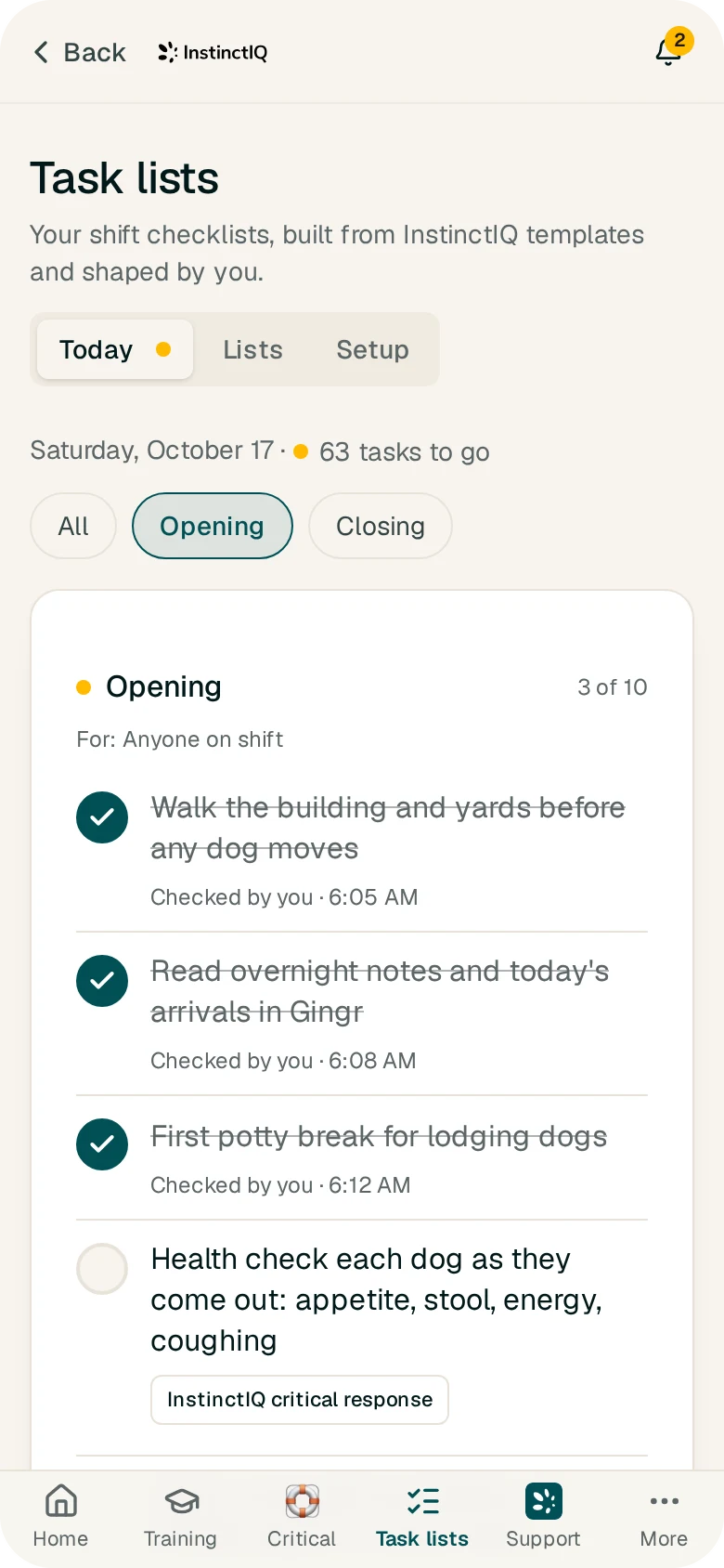 EssentialsIQ opening checklist on mobile