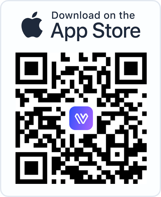 Apple Store download badge with a QR code featuring a purple-blue icon in the center.