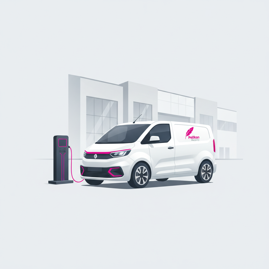 Fourgon utilitaire electrique en charge devant un entrepot logistique