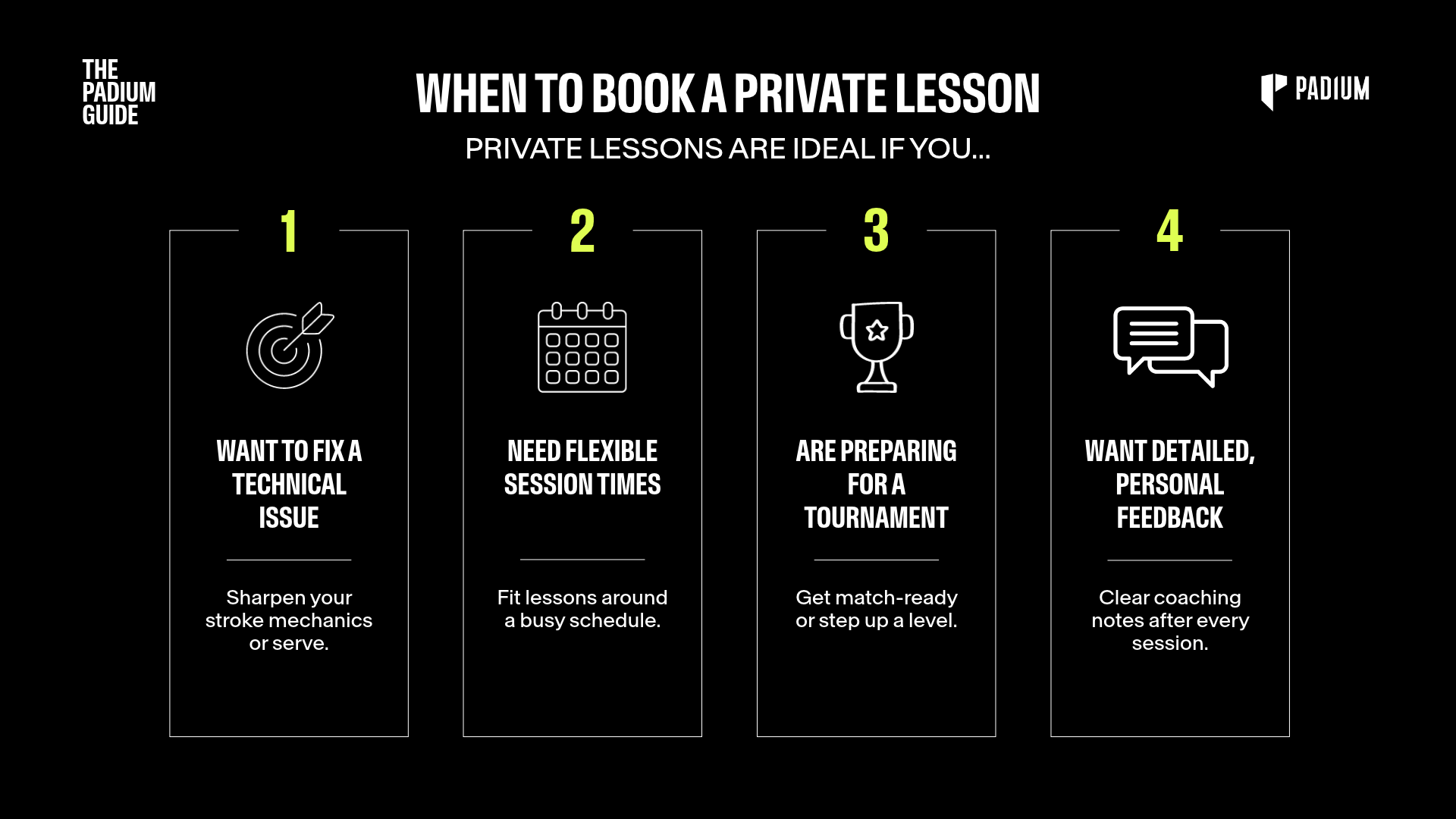 Padium infographic: book a private padel lesson to fix technique, get flexible times, prepare for tournaments or get personal feedback.