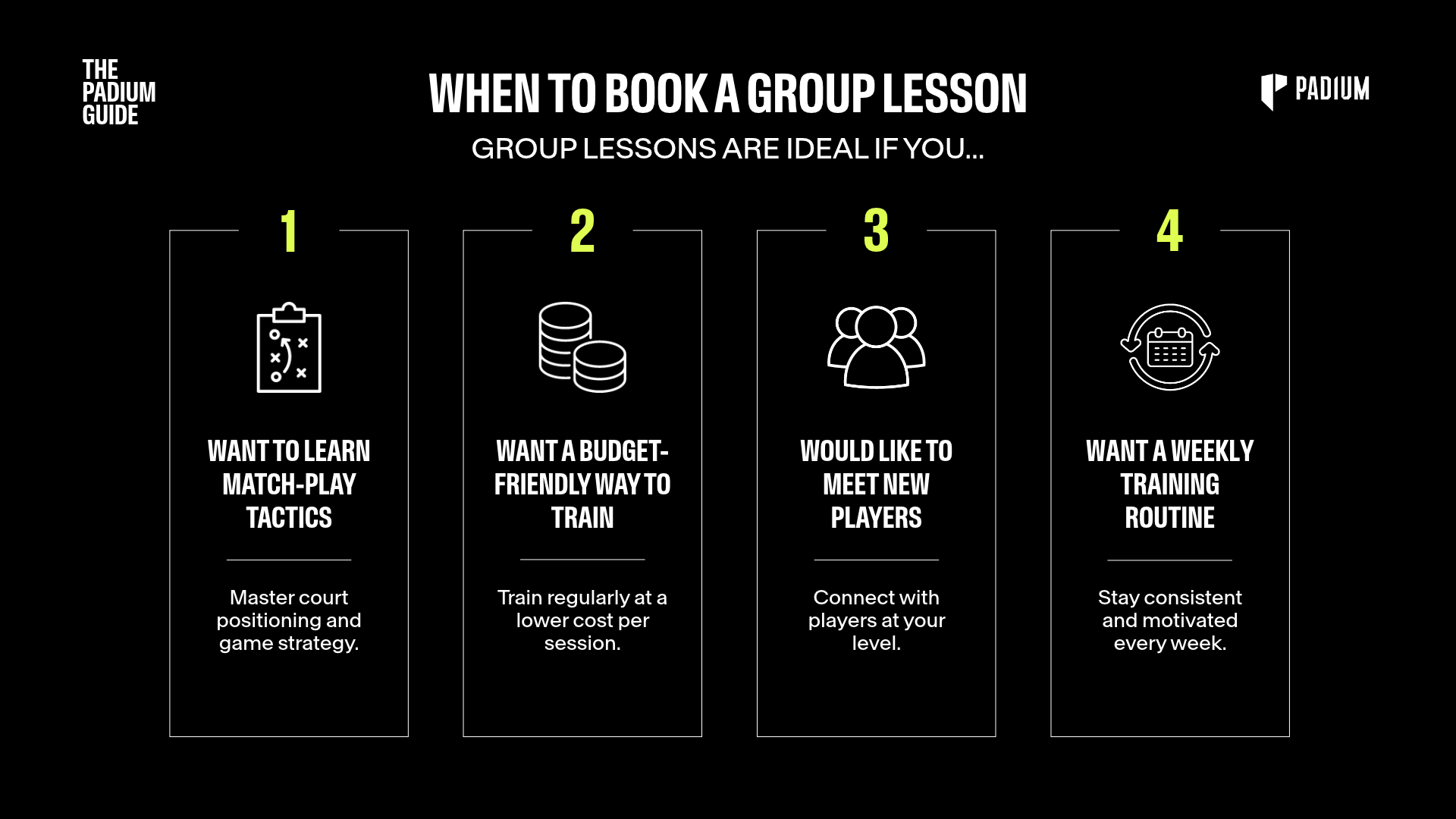 Padium infographic: book a group padel lesson to learn tactics, train for less, meet new players or build a weekly routine.