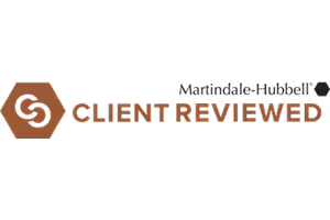 Martindale-Hubbell Client Reviewed badge with hexagon logo and text in brown and black.
