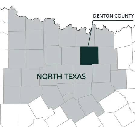 Map highlighting Denton County in North Texas with a pointer and label.