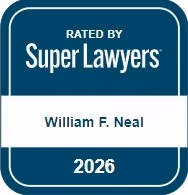 Blue badge reading Rated by Super Lawyers with William F. Neal and year 2026.