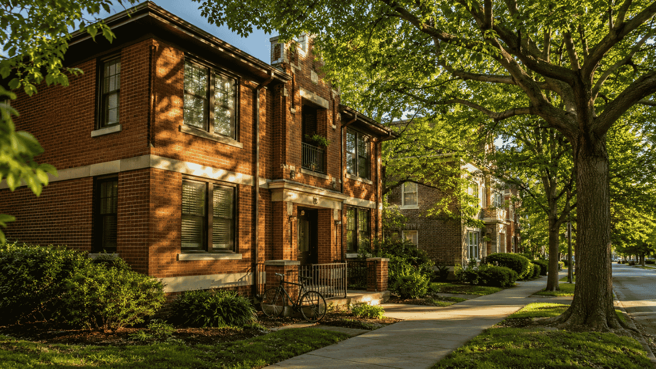 Tree-lined residential street with brick apartment buildings in Bloomington,    Indiana