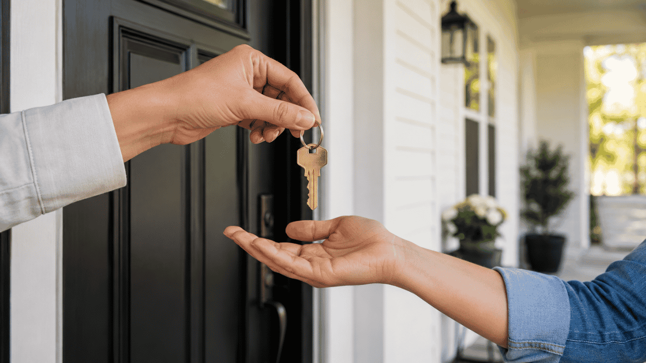 House key being handed over at the entrance of a rental home with no deposit