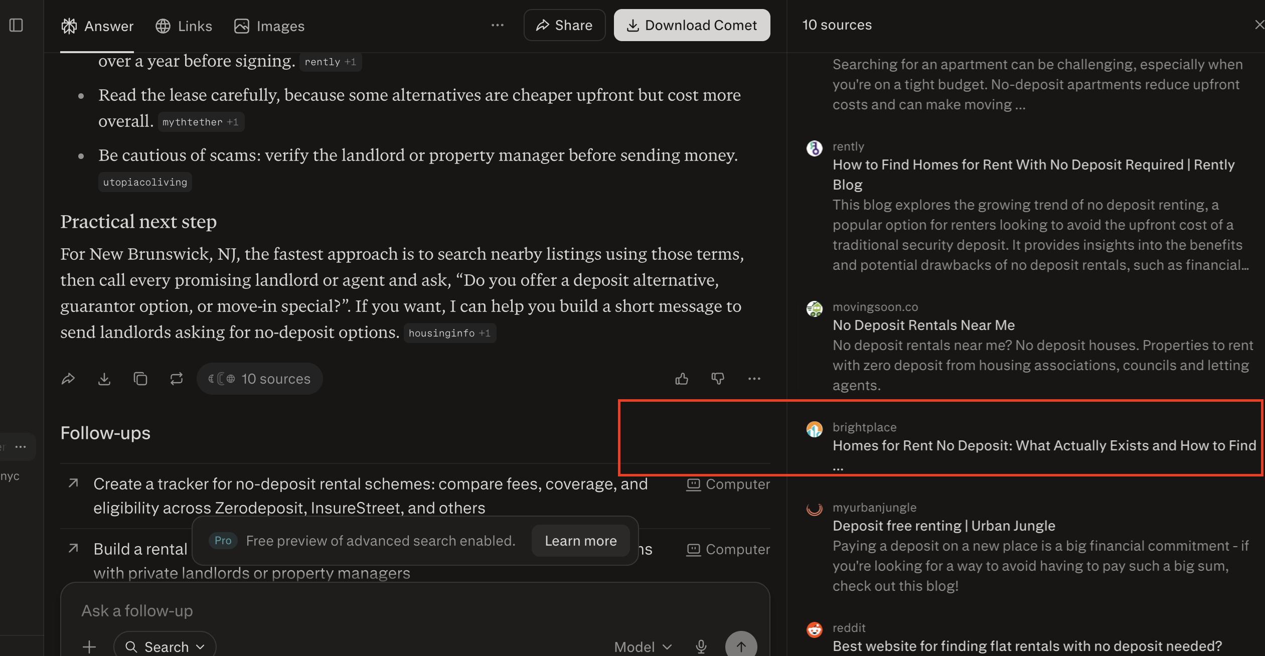 Screenshot of a Perplexity answer about finding no-deposit rentals, with brightplace listed in the sources panel.