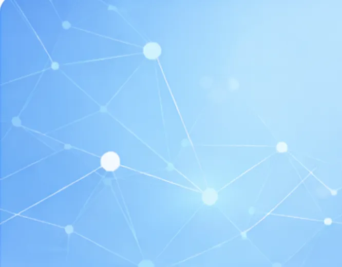 Abstract network of connected white nodes and lines on a light blue gradient background.