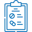 Clipboard with a checklist showing two checked circles and lines representing text, all in blue and gray colors.