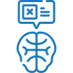 Blue icon of a human brain with two connected speech bubbles above it.