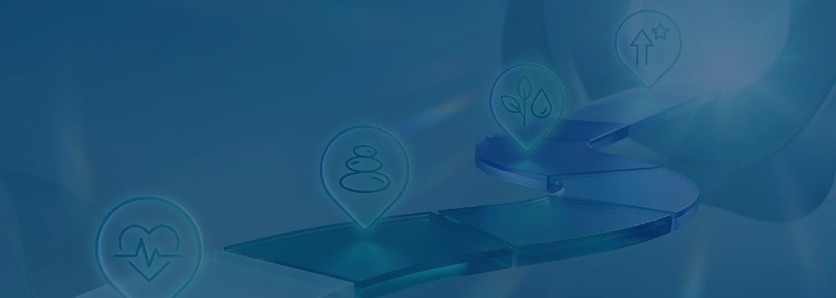 Blue-toned abstract image of a winding glass or translucent pathway with floating map markers displaying wellness icons including a heart with heartbeat line, stacked stones, a plant with water drop, and an upward arrow with a star.