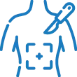 Blue line icon of a person pointing at a glowing gear on their chest, symbolizing personal process or technical self-improvement.