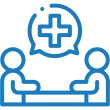 Blue icon showing two people seated across from each other at a table with a clock above them.