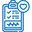 Blue icon of a clipboard with a checklist, a pen on the left side, and a heart symbol above the list, representing health or medical record keeping.