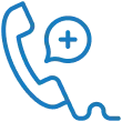 Blue line icon of a telephone handset with a plus sign inside a circle near the top right.