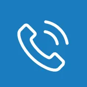 White telephone handset icon with sound waves on blue background, representing a phone call or contact option.