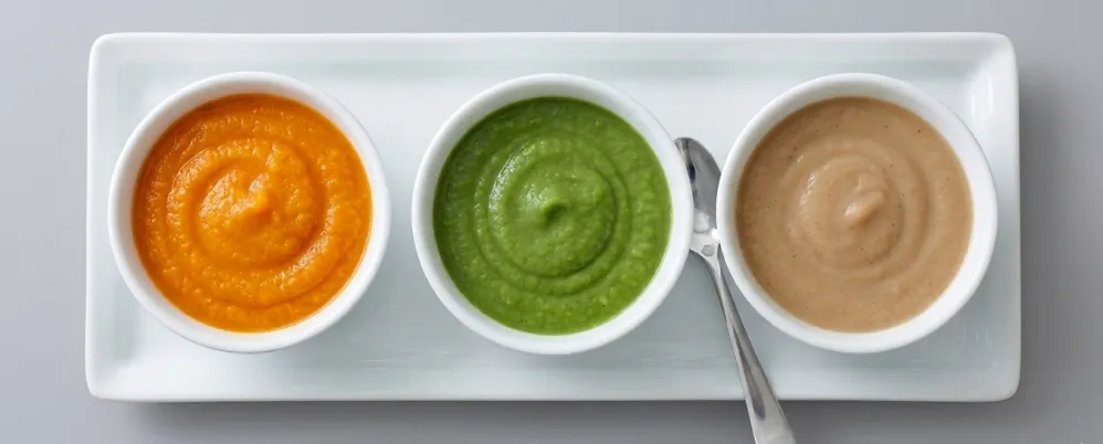 Three small white bowls filled with smooth orange, green, and beige purees, arranged side by side on a rectangular white plate with a silver spoon resting between the green and beige bowls.