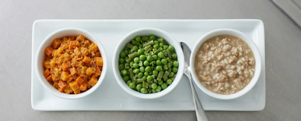 Three white bowls on a rectangular white plate containing diced sweet potatoes, mixed green peas and green beans, and oatmeal, with a spoon placed between the second and third bowl.
