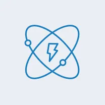Blue icon of an atom with two orbiting electrons and a lightning bolt in the center, on a light gray background.