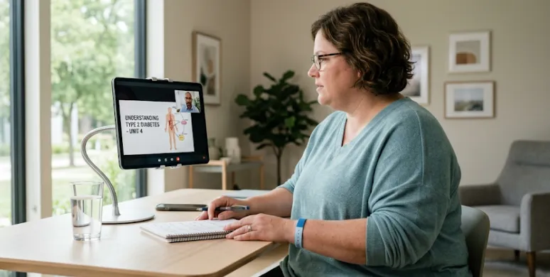 Woman wearing glasses and teal sweater sitting at a desk taking notes while attending a video call on a tablet mounted on a stand, which shows a man and a presentation slide titled 'UNDERSTANDING TYPE 2 DIABETES - UNIT 4.'