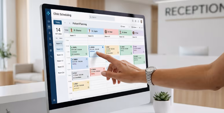 A hand with a wristwatch pointing at a clinic scheduling interface on a desktop monitor, showing patient planning with different colored appointment blocks and room numbers on the left, in a modern reception area.