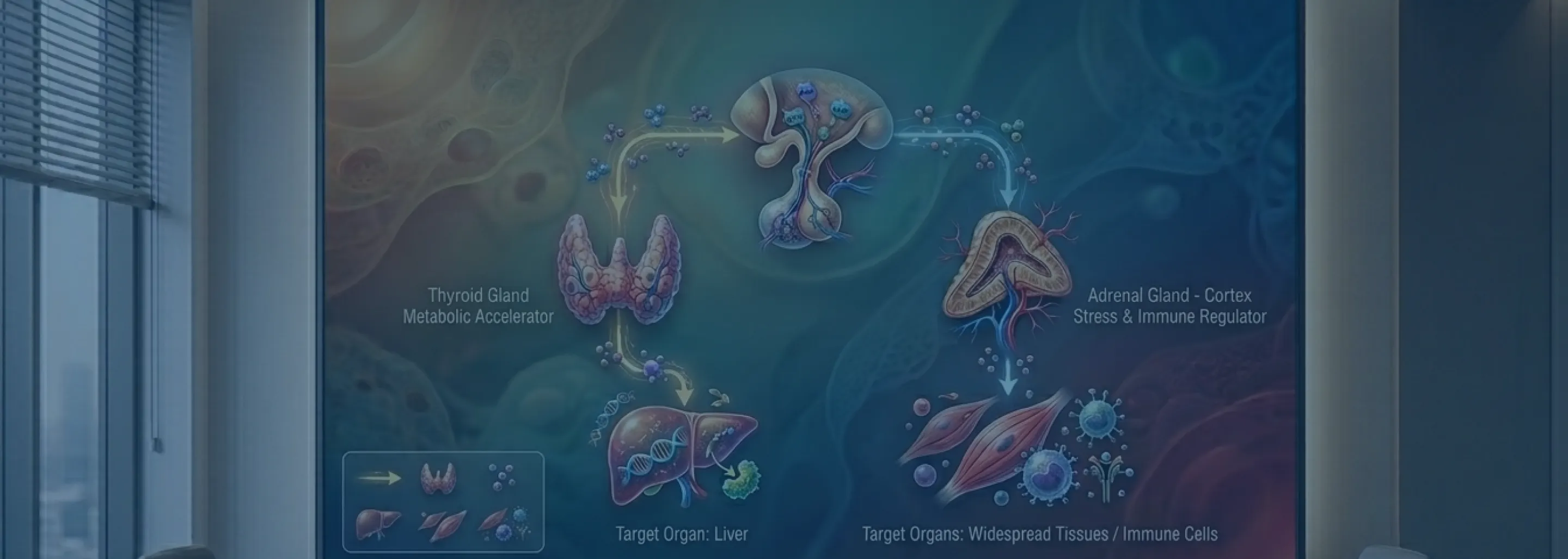 Diagram showing the endocrine system with the thyroid gland labeled as a metabolic accelerator targeting the liver, and the adrenal gland cortex labeled as a stress and immune regulator targeting widespread tissues and immune cells, connected by molecular pathways.