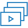 Stacked video player icons with a play button on the front screen.