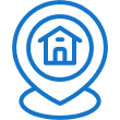 Blue location pin icon with a house outline inside it.