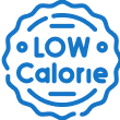 Blue badge icon with the words 'LOW Calorie' in stylized text.