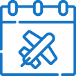 Blue line icon of a calendar page with a pencil and ruler crossed inside it, symbolizing planning or design.