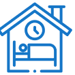 Blue line icon of a house with a person sleeping in a bed and a clock above the bed.