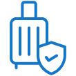 Blue line icon of a suitcase with a shield featuring a checkmark symbolizing travel protection or security.