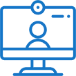 Blue line icon of a desktop computer screen showing a person in a video call with status indicators.