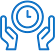 Blue icon of two hands holding a clock, representing time management or protection of time.