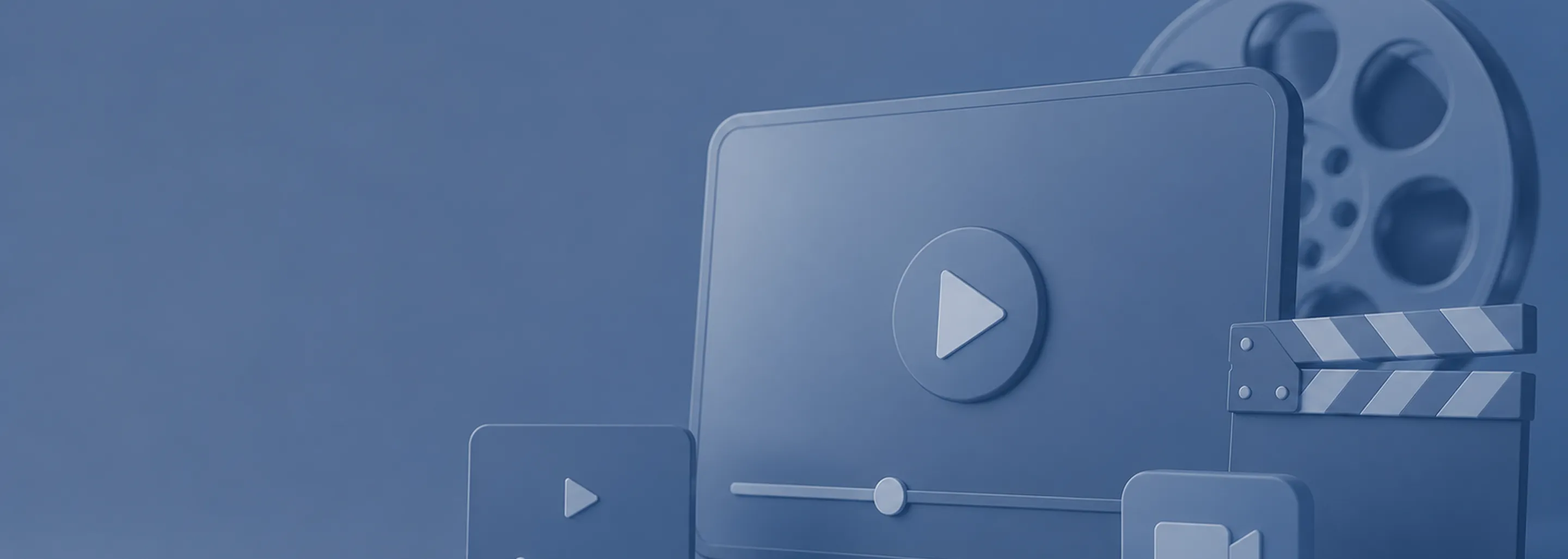 3D rendered image of video player icons, including play buttons on screens, a clapperboard, and a film reel, all in blue tones.