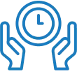 Blue icon of two open hands holding a clock showing 3 o'clock.