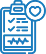 Blue icon of a checklist on a clipboard with four items, each with a checkmark, and a circular badge with a heart symbol above the top right corner.