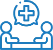 Blue icon depicting two medical professionals with stethoscopes sitting on either side of a bed, with a medical cross symbol above the bed.