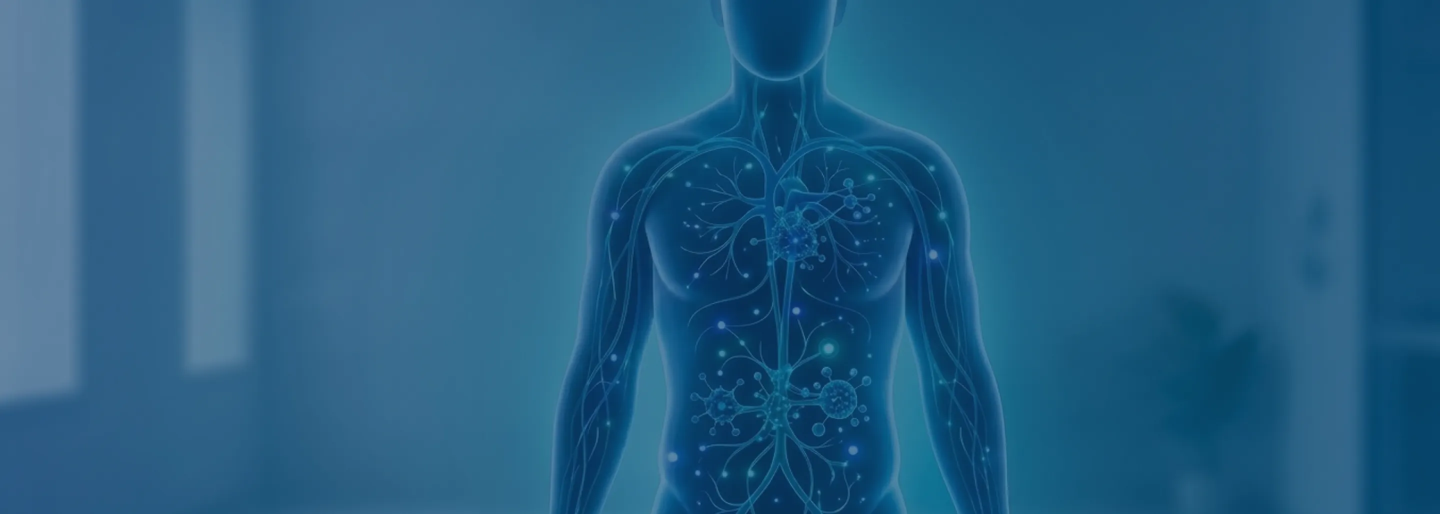 Digital illustration of a human torso displaying an abstract network of internal organs and biological structures glowing in blue tones against a blurred background.