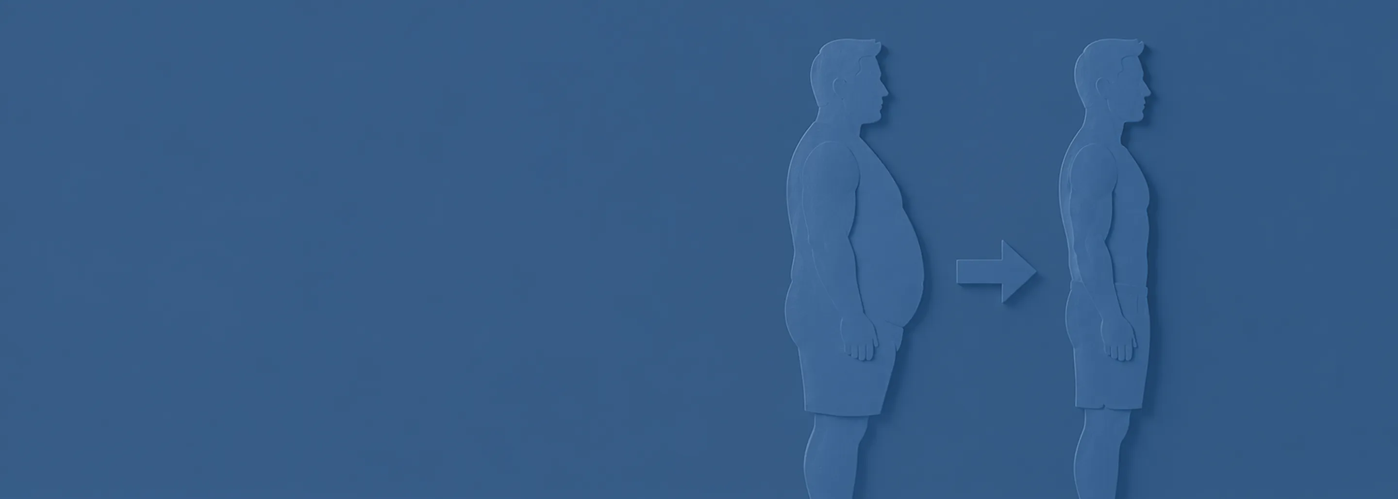 Illustration of a man's side profile showing weight loss transformation from overweight on the left to fit and slimmer on the right with an arrow pointing right.