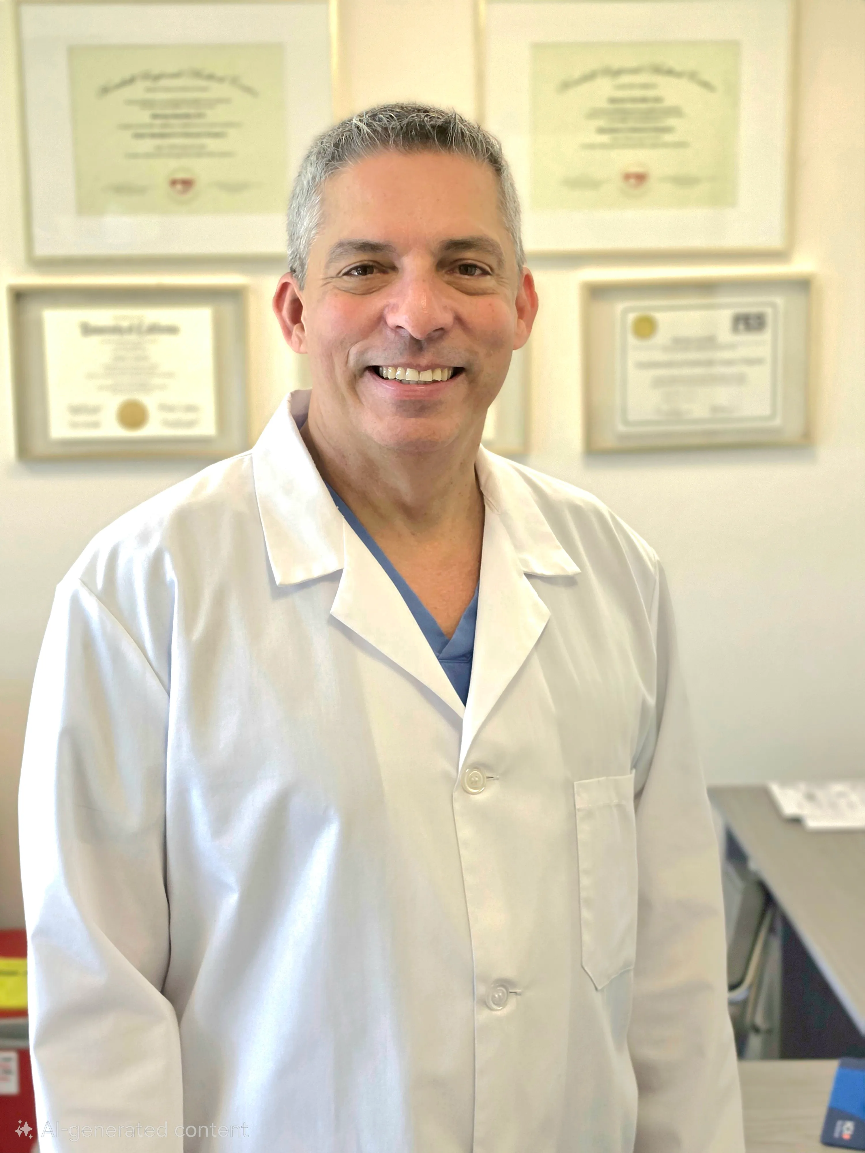 Dr. Nestor de la Cruz-Munoz with gray hair wearing a white medical coat standing in an office with framed certificates on the wall behind him.