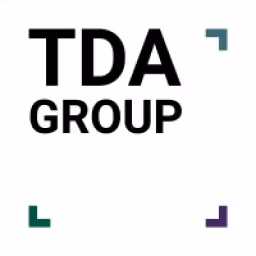 TDA Group company name with four colored corner brackets on white background.