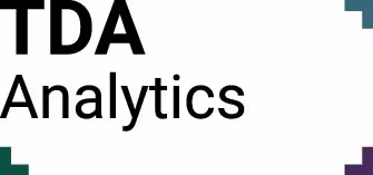 Logo with text 'TDA Analytics' and decorative corner accents in teal and purple.