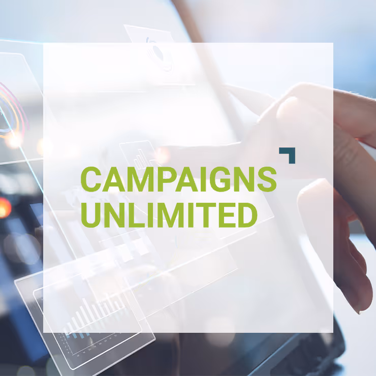 Hand using a stylus on a tablet screen with digital marketing graphs and the text 'CAMPAIGNS UNLIMITED' in green.