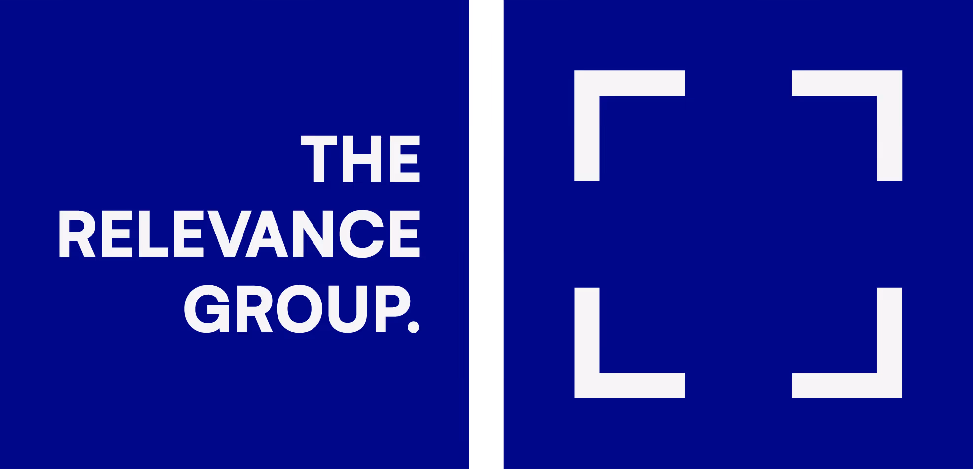 Logo of The Relevance Group with the text on the left and four corner brackets on the right against a dark blue background.