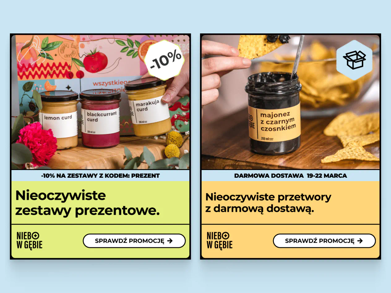 Kreacje reklamowe Niebo w Gębie — zestawy prezentowe z curdami i majonez z czarnym czosnkiem z promocyjną dostawą