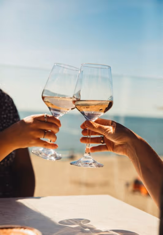 Deux personnes trinquent avec des verres de vin rosé en plein air avec une vue sur la mer.