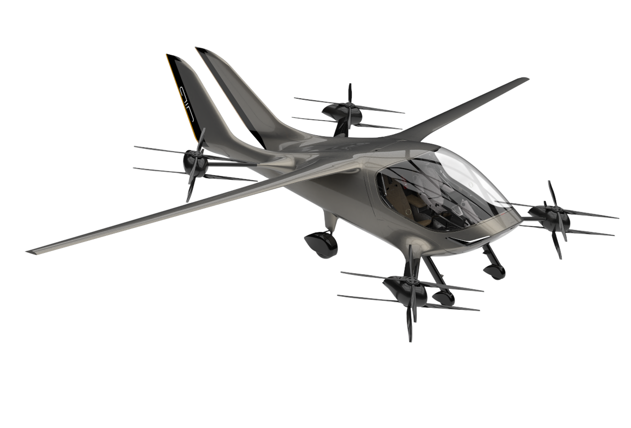 Sleek modern electric VTOL aircraft with four propellers and streamlined design hovering on black background.