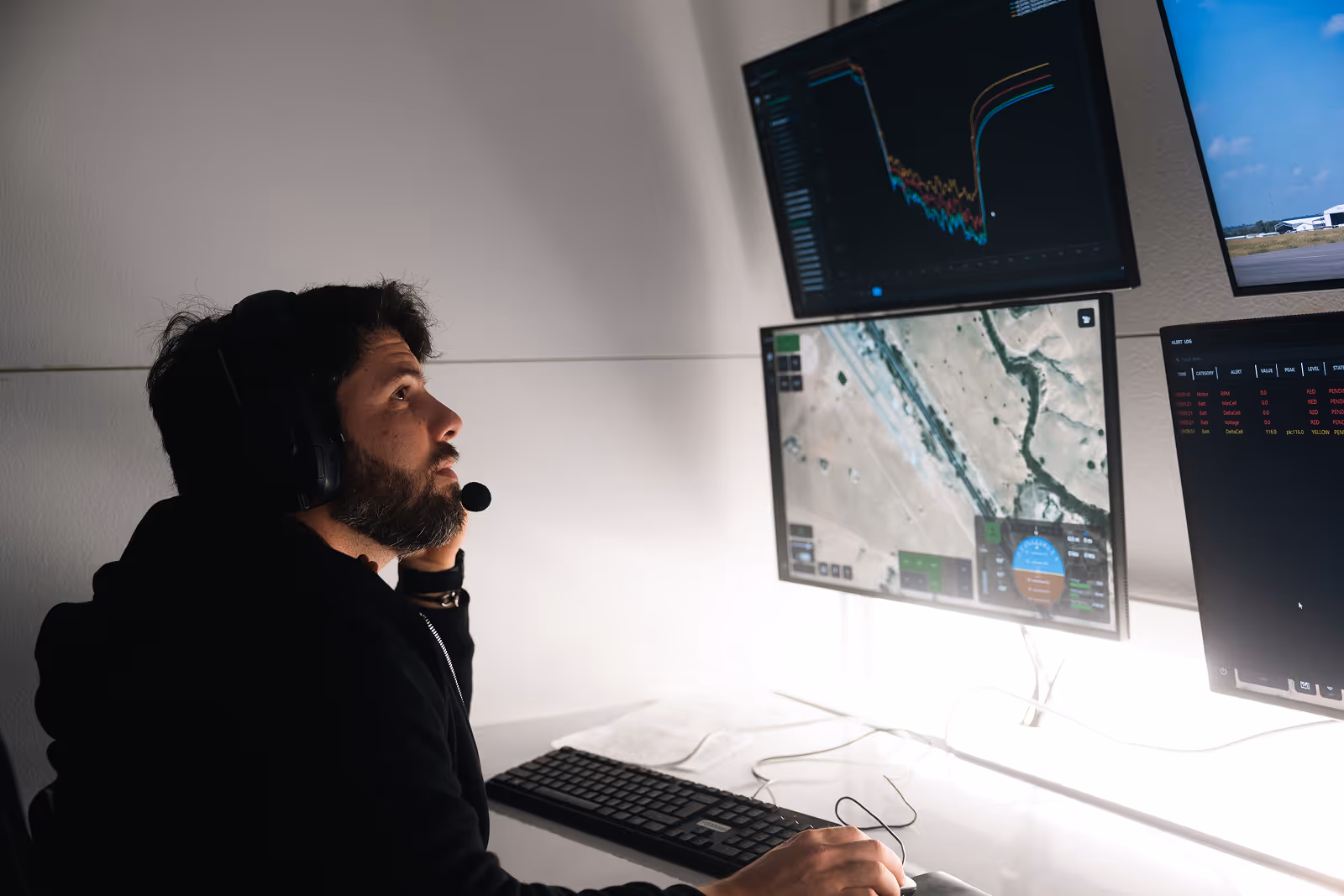 Man with headset using computer analyzing maps and graphs on multiple monitors.